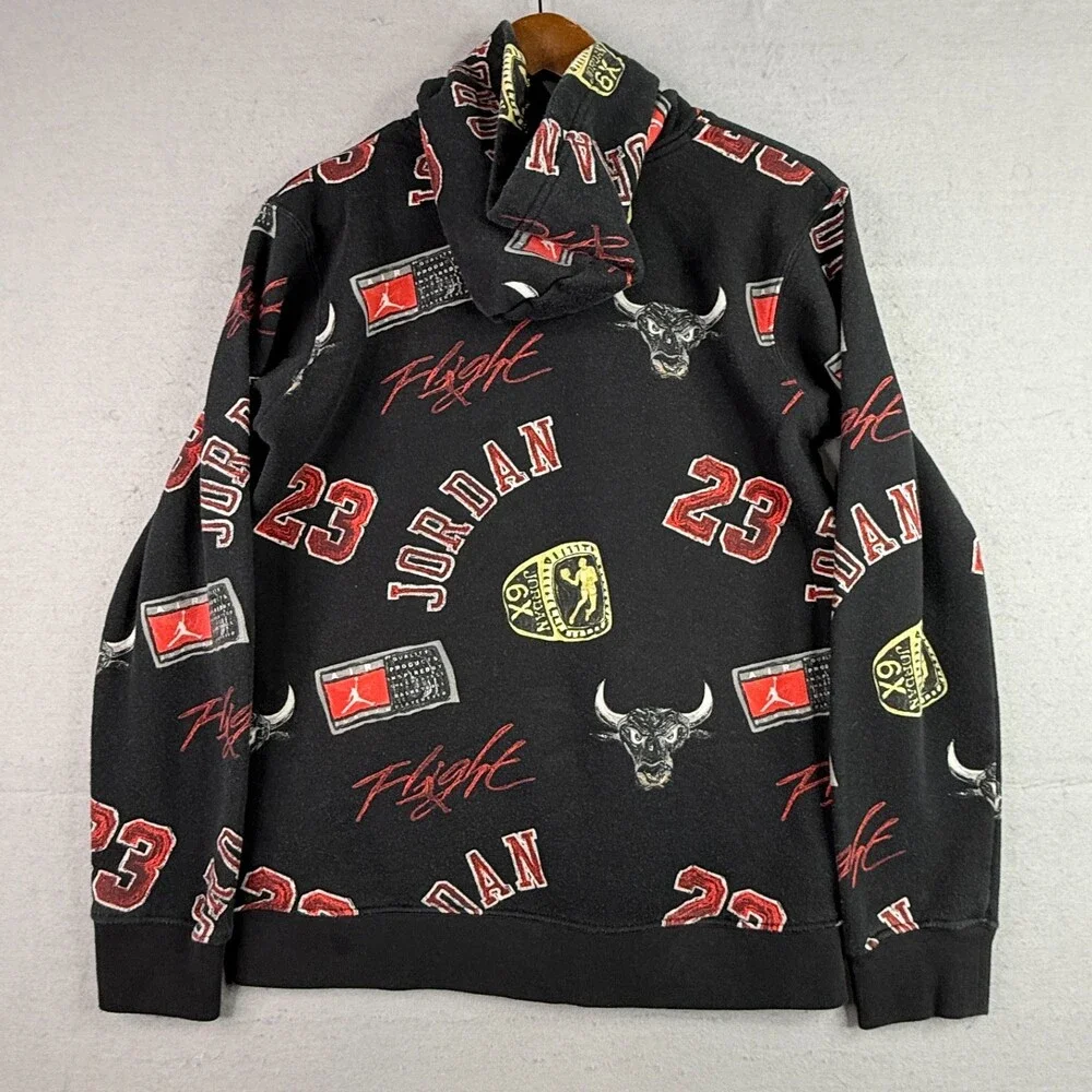 Air Jordan All Over Print Hoodie Youth XL Black Flight 23 Bulls Jumpman